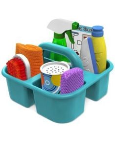 two blue plastic containers filled with cleaning supplies