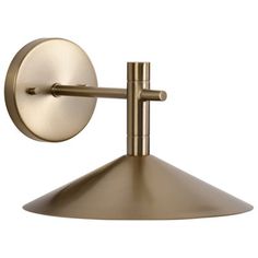 a brass colored wall light with an adjustable arm and two lights on each side, in the shape of a cone