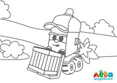 a coloring page with a cartoon character holding a crate