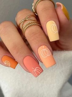 #trendynails ,#fallnails , #winternails, #beautifulnails ,#winternails ,halloweennails ,springnails ,#elegantnails christmasnails ,#trendingnails ,#nailideas ,#summernails  ,#papernails ,#pumpkinnails ,#goldnails All Season Nail Designs, Fall Nails Ideas Pumpkin, Short Nail Designs Pumpkin, Cute Fall Themed Nails, Nails With Pumpkins On Them, Cute Halloween Nails Pumpkins, Cute Seasonal Nails, Mat Color Nails, Cute Fall Pumpkin Nails