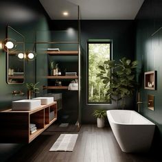 a bath room with a tub a sink and a window