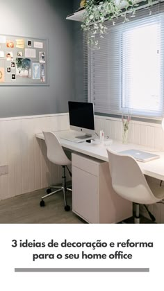 a white desk with a computer on top of it in front of a window that reads, 205 transforma home office functional