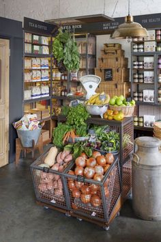 a grocery store filled with lots of fresh fruits and vegetables next to a large metal container