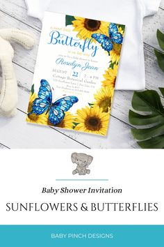 a baby shower is shown with sunflowers and butterflies on it, next to a teddy bear