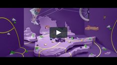 an animated image of a purple room with various objects on the walls and in the floor