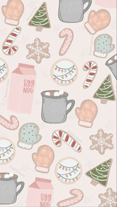 a pink and gray christmas pattern with cookies, hot chocolates, candy canes