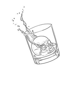 an ink drawing of a skull in a glass filled with water and ice cubes