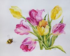 a painting of flowers and a bee on a white background