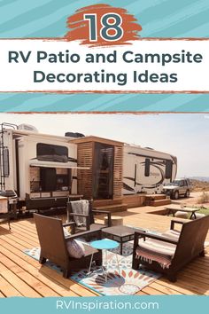 Want to transform your campsite? These 18+ RV patio decorating ideas will inspire you to create a beautiful, functional outdoor space perfect for relaxing at the end of a long day. Don't worry! This list includes ideas for all styles of RVer—whether you're parked at a permanent location, traveling regularly from place to place, or just camping for the weekend, you'll find portable, lightweight, and creative ways to renovate your RV patio. #campingdecor #rvdecor #rvlife Seasonal Campsite Ideas Yards Patio, Rv Lot Landscaping Ideas Patio, Permanent Camper Site Ideas Patio, Permanent Camper Outdoor Set Up, Permanent Rv Setup, Rv Permanent Site Ideas, Rv Pad Ideas, Permanent Camping Site Ideas, Camper Deck Ideas Campsite