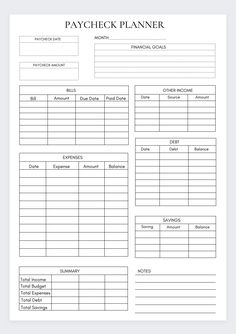 a printable pay sheet with the words paycheck planner written in black on it