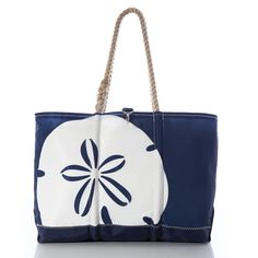 a blue and white tote bag with an umbrella on it