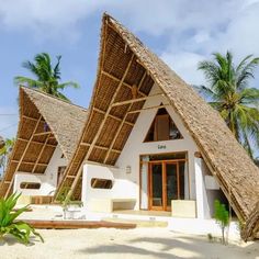 two thatched roof houses with palm trees in the background