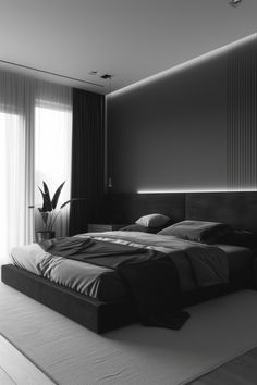 This bedroom embraces a monochrome color scheme, complemented by simple furniture. Ambient lighting provides a gentle glow, enhancing the minimalist design. Grey Black Room Ideas, Dark Luxury Aesthetic Bedroom, Minimalistic Dark Bedroom, Mens Home Ideas, Minimalist Bedroom Man, Modern Dark Bedroom Design, Simple Furniture Design Bedrooms, Bedroom Men Minimalist, Grey Hotel Room