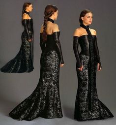 three different views of a woman in black evening gowns with long sleeves and high neck