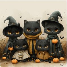 a group of black cats dressed up as witches with pumpkins on the ground and bats in the background