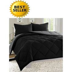 a black comforter set on a white carpet with the best seller sign above it