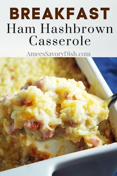 a casserole dish with ham and cheese in it is being spooned into the casserole