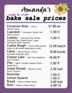 an ad for the annual bake sale price is shown in purple and white with yellow flowers