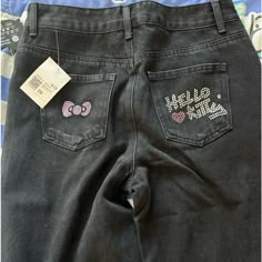 Nwt Forever 21 Black Hello Kitty Jeans Size 28 Description Said “Straight Leg”, But When I Got Them In The Mail, They Were More Wide Legged Hello Kitty Jeans Outfit, Hello Kitty Haul, Empire Jeans, Alt Jeans, Low Rise Jeans Y2k Hello Kitty, Hello Kitty Evisu Jeans, Clothes Flip, Hello Kitty Jeans, Hello Litty Jeans