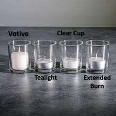 four candles are placed in glass cups with labels describing the different types of votive, clear cup, tealight and extended burn