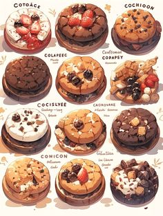 an image of desserts on display with words describing them in english and french language