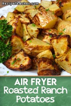 air fryer roasted ranch potatoes on a white plate with parsley garnish