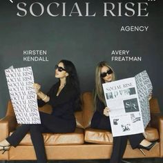 two women are sitting on a couch holding up signs with the words social rise above them