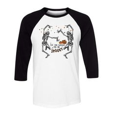 a white and black baseball shirt with two skeletons dancing