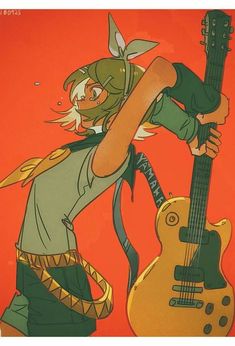 a drawing of a person holding a guitar and wearing a green outfit with an orange background