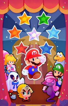 an image of mario and friends in front of a stage with stars on the ceiling