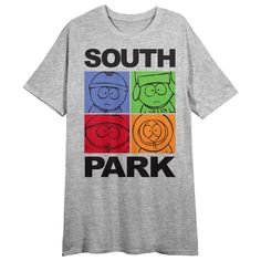 Celebrate your favorite TV series in comfort with this South Park night shirt. The shirt features images of Cartman, Kyle, Stan, and Kenny in colorful blue, green, red, and orange squares while black letters spell out the series title. The tee comes in an athletic heather short sleeve crew neck. Fans of the South Park animated series will love this comfy night shirt. Womens Workout Shirts, Orange Square, South Park Characters, Muscle T Shirts, Hiking Shirts, Black Letter, Night Shirt, Boys T Shirts, South Park