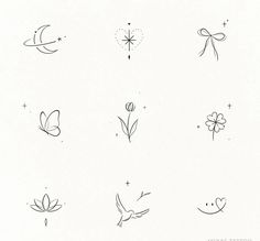 a bunch of tattoos that are on a white sheet with stars and flowers in the middle