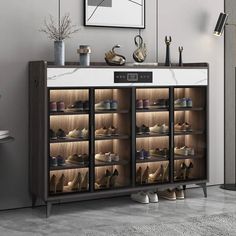 a shoe cabinet with many pairs of shoes in it