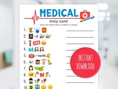 This listing includes 2 sizes. Full size (prints one game per page) and half size (prints 2 games per page). Details   * 1 PDF Zip File (full size game and answer key) * 1 PDF Zip File (half size game and answer key) * US Letter size 8.5 x 11in * Instant download * Unlimited Copies **You will need Adobe Acrobat Reader to open, view and print this document. Get this free software at https://get.adobe.com/ Printing For best results, use bright white printer paper and change your printer preference Games For Cna Students, Rad Tech Week, Emoji Game, Student Games, Emoji Games, Infection Control, Printable Game, Free Medical, Game Printable