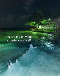 an image of the ocean at night with a quote about you are the universe experiencing itself