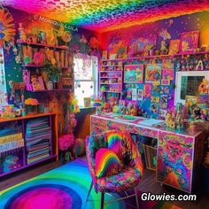 a room filled with lots of different colored furniture and walls covered in rainbow colors,