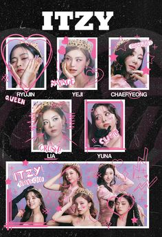 the poster for itzy shows girls with different hair colors and hairstyles, including one