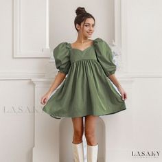 Lasaky - Cotton Bubble Sleeve Loose Neck Short Skirt Solid Color Dress Women Cotton Dress, Women's A Line Dresses, Mini Dress Fashion, Loose Fitting Dresses, Bubble Sleeve, Solid Color Dress, Sleeves Clothing, Mini Dress Casual, Dress Silhouette