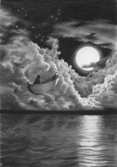 a boat floating on top of a body of water under a full moon filled sky