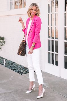 How to Wear a Pink Blazer 8 Styling Ideas Straight A Style Pink Blazer Outfit Classy Work, Pink Blazer Women Outfit, Hot Pink Blazer Outfit Classy, Outfits With Pink Blazers For Women, Hot Pink Blazer Outfit Winter, Bubble Gum Pink Blazer Outfit, Pink Suit Jacket Outfits Women, Pink Blazer Summer Outfit, How To Style A Hot Pink Blazer