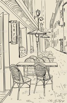 an alleyway with tables and chairs in the city, vintage line drawing or engraving