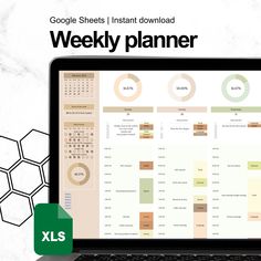 a laptop computer sitting on top of a desk next to a mouse and keyboard with the words google sheets instantized weekly planner