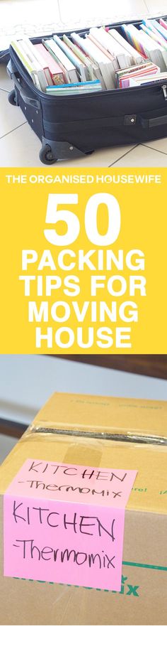 there is a box with some papers on it and the words 50 packing tips for moving house