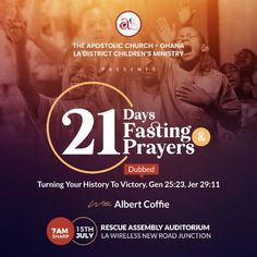 the poster for 21 days fasting prayers with two people raising their hands in front of them