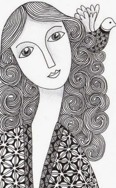 a black and white drawing of a woman with curly hair holding a bird on her shoulder