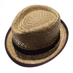 Wigens Beige L Brown Straw Boater Hat With Short Brim, Vintage Brown Hat Bands For Summer, Fitted Brown Hat For Summer, Fitted Brown Summer Hats, Fitted Brown Straw Hat With Short Brim, Fitted Brown Straw Hat, Classic Brown Summer Fedora, Brown Short Brim Straw Hat For Kentucky Derby, Brown Brimmed Panama Hat For Kentucky Derby