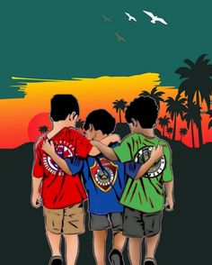 three young boys are standing together in front of the ocean and palm trees at sunset