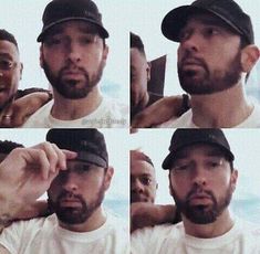 multiple shots of a man wearing a baseball cap and making an odd face with his finger