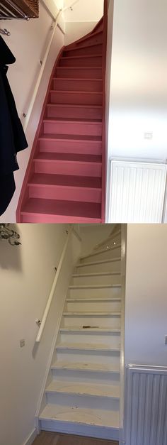 there are two pictures of the same staircase and one is red with white stairs on both sides