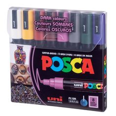 an assortment of different colored markers in a display box with the packaging on it's side